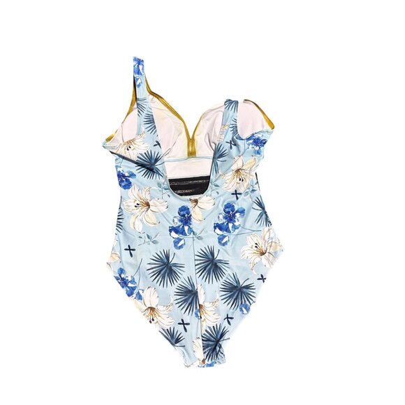 Floral Print One-Piece Swimsuit With Gold Trim & Mesh Detail Blue & White Small - Picture 4 of 6